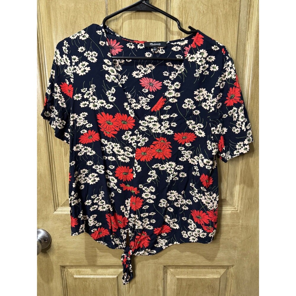 Madewell Women’s Small Floral Tie Front Blouse Navy Red White 100% Viscose
